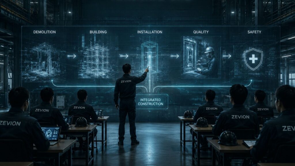 解体・建築・据付の工程を統合的に学ぶZEVION TRAINING LABのイメージCG