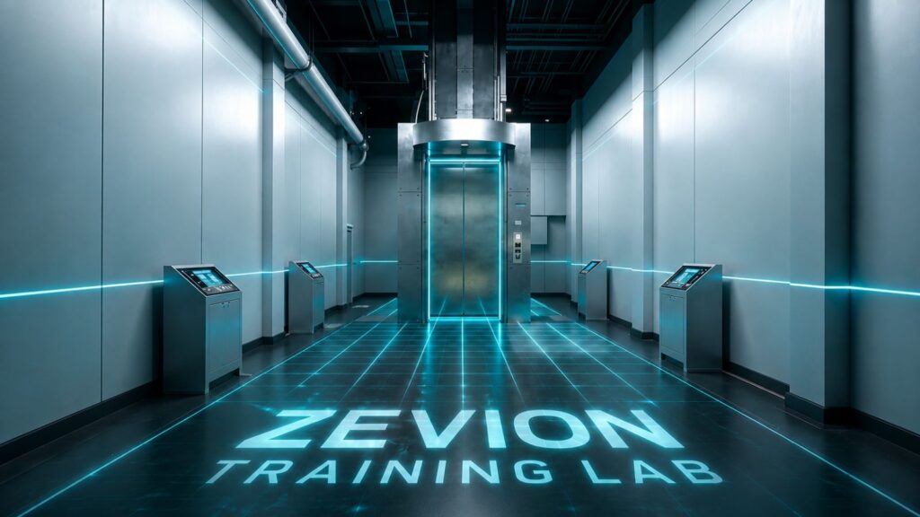 ZEVION TRAINING LABの構想イメージ。エレベーター付帯建築工事の技術継承と人材育成を目的とした研修施設のイメージCG。